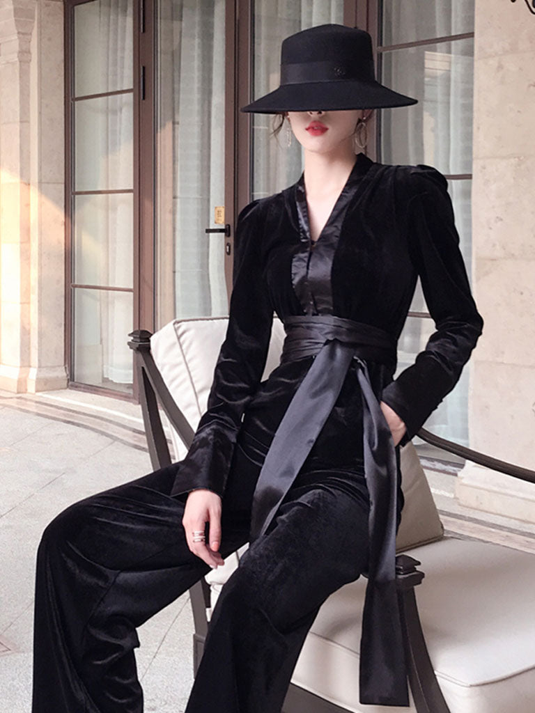 Deep V Neck Black Velvet Jumpsuit Vintage Rompers