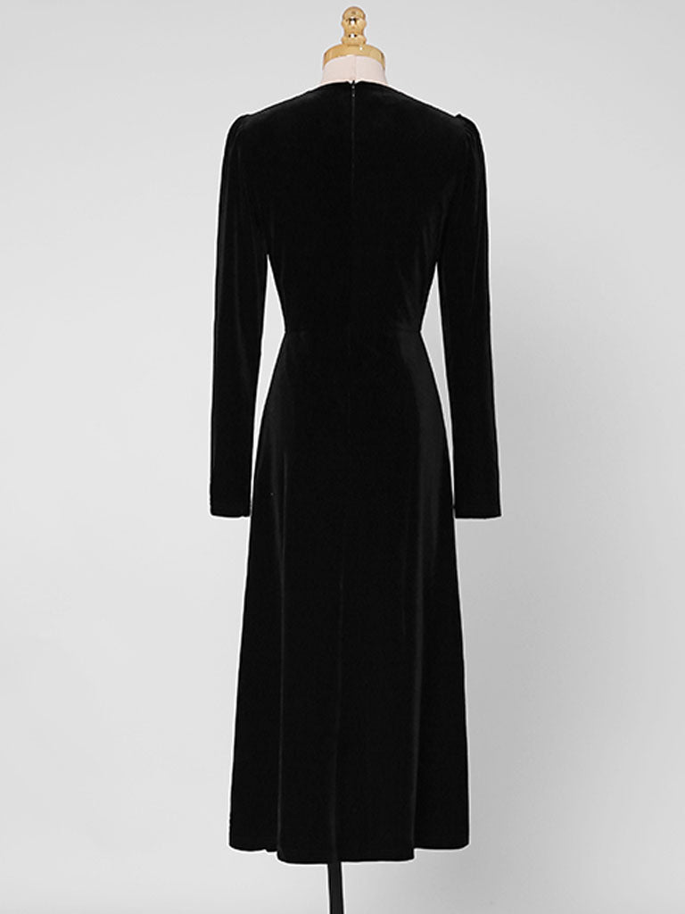Black Bowknot V Neck Velvet Heart Button 1950S Vintage Dress