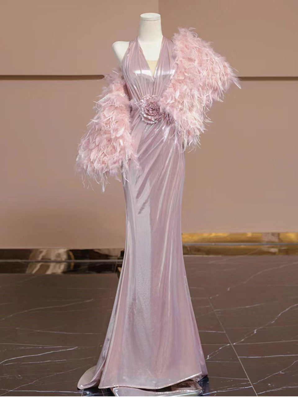 Pink Pleated V Neck Retro Fishtail Dress