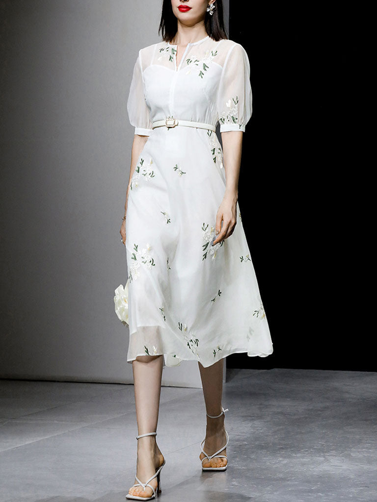 White V Neck Puff Sleeves Embroidered Organza Vintage Dress