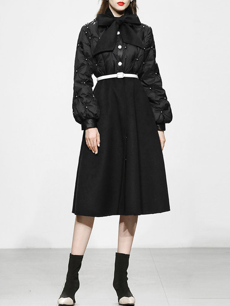 Black Big Bowknot  Diamond Lattice Pearl 1950S Coat