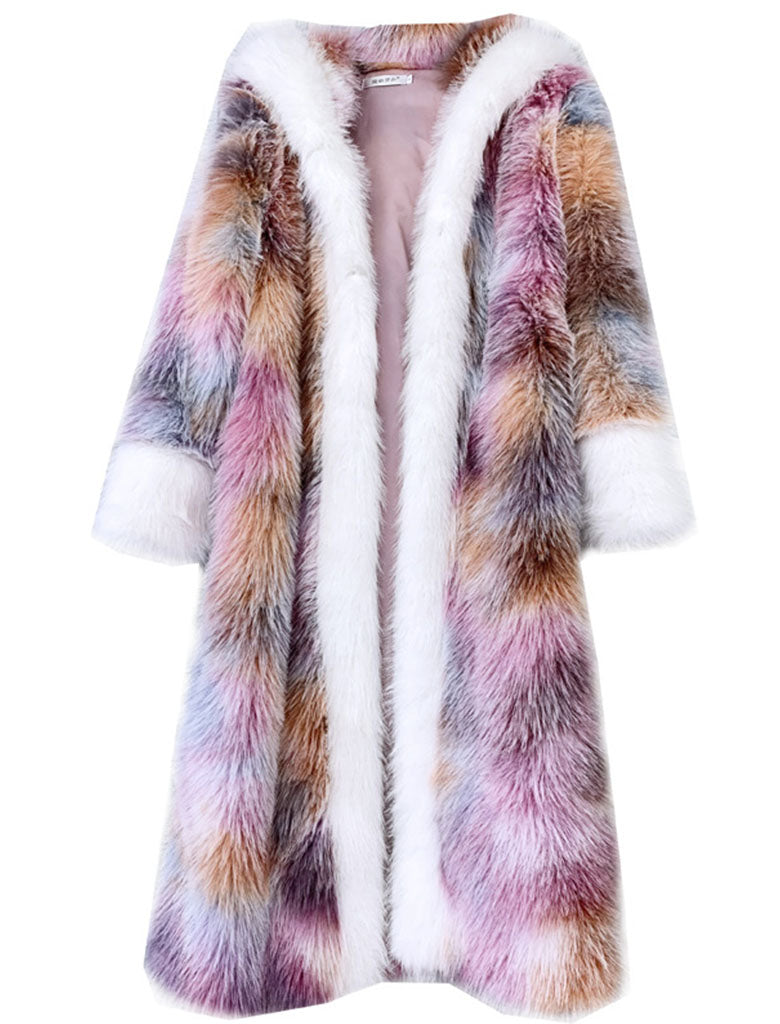 Faux Fur Coat V Neck Long Sleeve Hooded Maxi Winter Coat