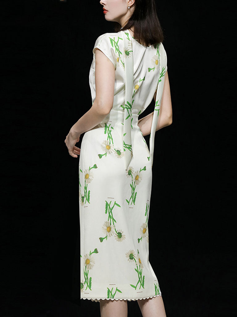 2PS White Retro Stand Collar Satin Printed Top