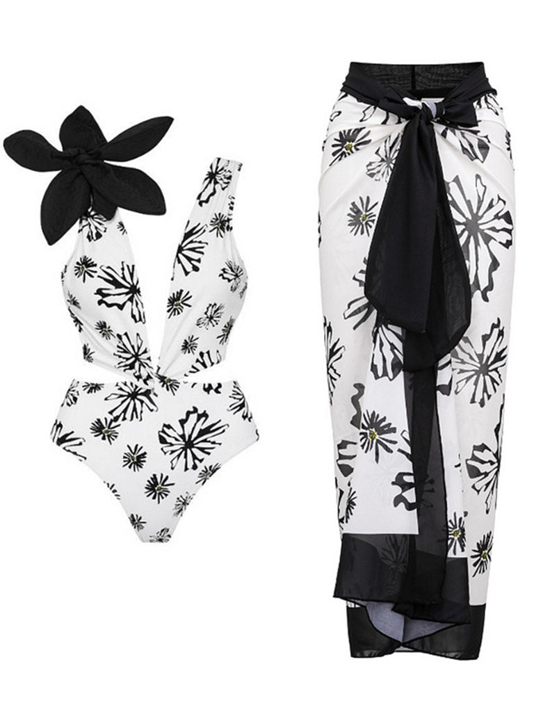 2PS Flower Print V Neck One Piece