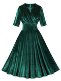Dark Green V Neck Short Sleeve Velvet Vintage Swing Dress