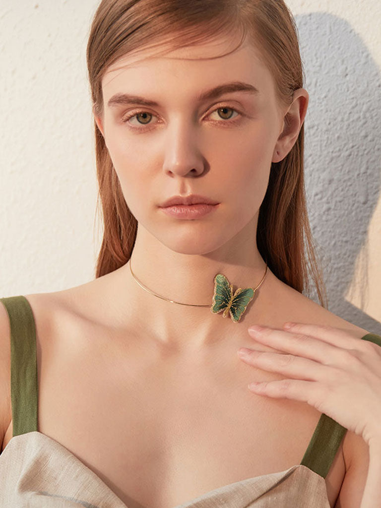 1950S Embroidered Butterfly Choker Vintage Necklace