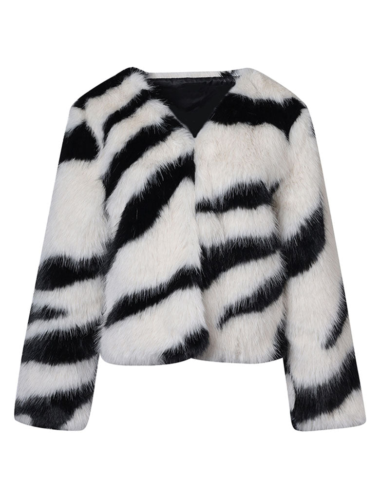 Black and White Zebra Stripes Faux Fur Long Sleeve Coat Winter Coat