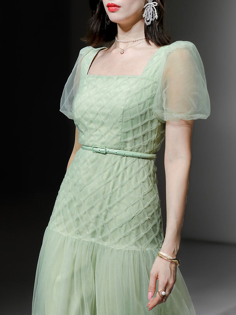 Green Vintage Style Square Neck Puff Sleeve Tulle Party Dress