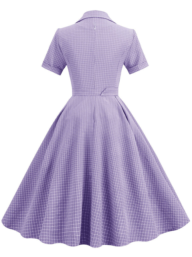 Green Plaid Turn Down Collar Short Sleeves 1950S Vintage Shirt Dress