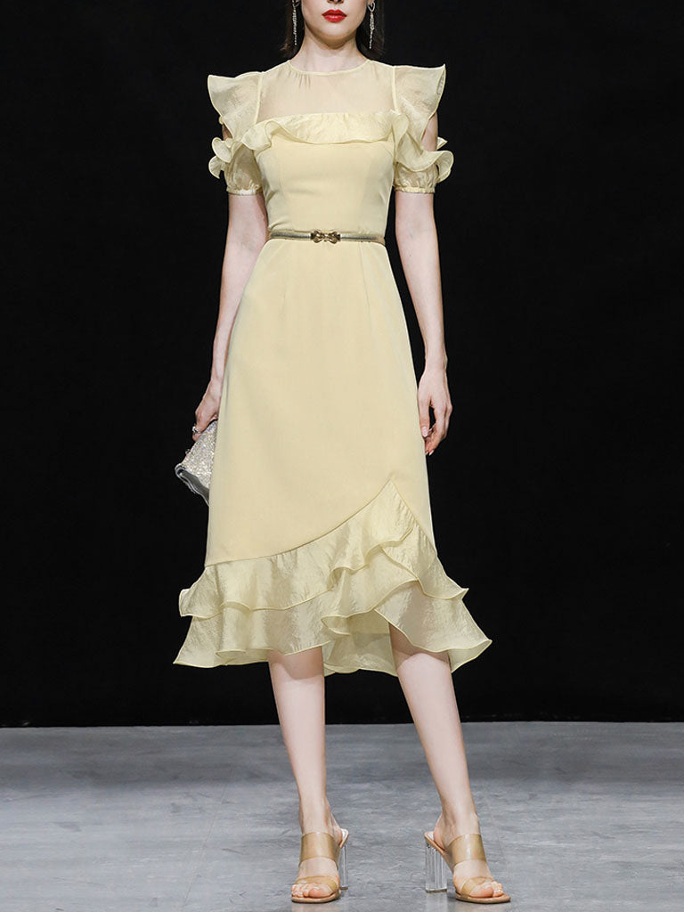 Yellow Organza Semi-Sheer  Ruffled Hem Vintage Dress