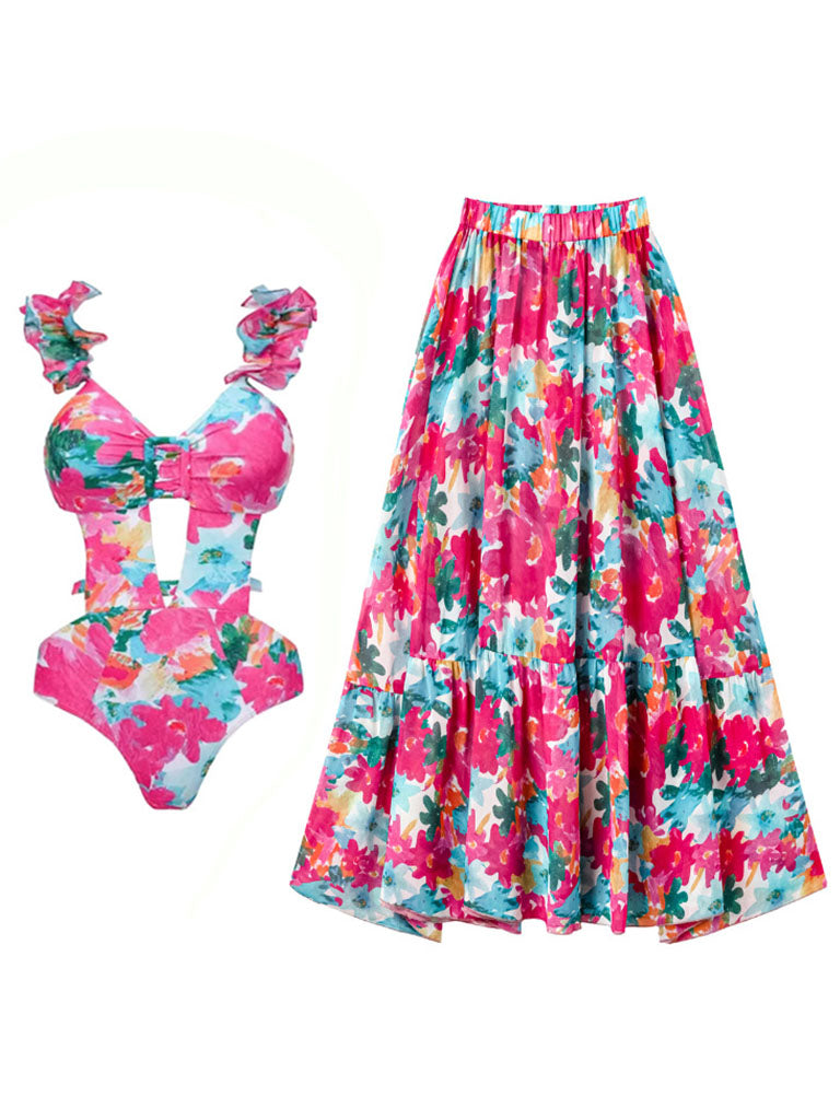 Pink Handmade Flower Ruffles Strappy One Piece