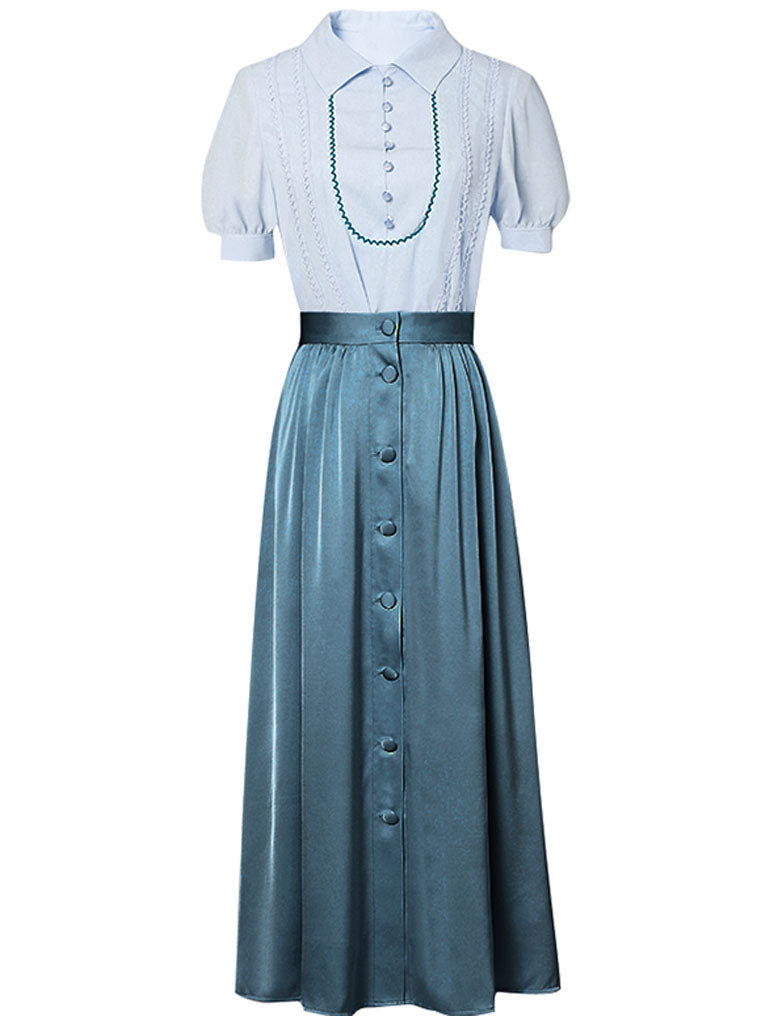 Light Blue Turn Collar Shirt And Lake Blue Skirt Set