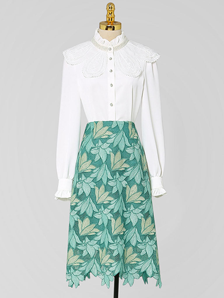 2PS White Lace Top And Green Lace Skirt Dress Suit