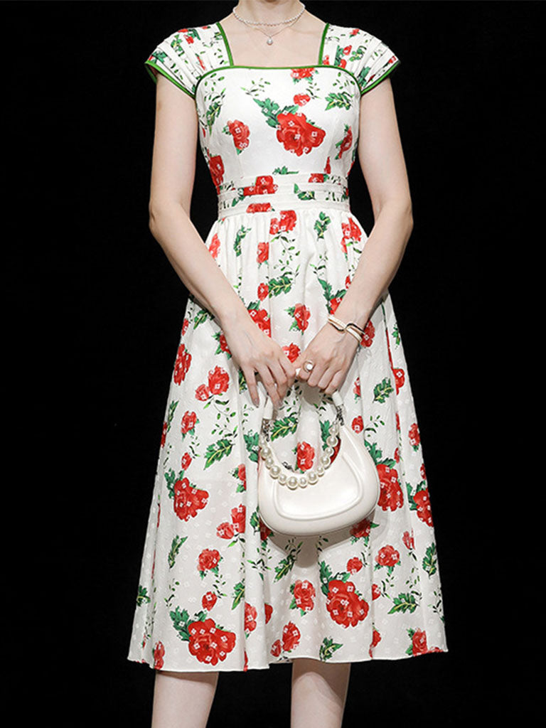 Square Collar Floral Print 1950S Vintage Dress