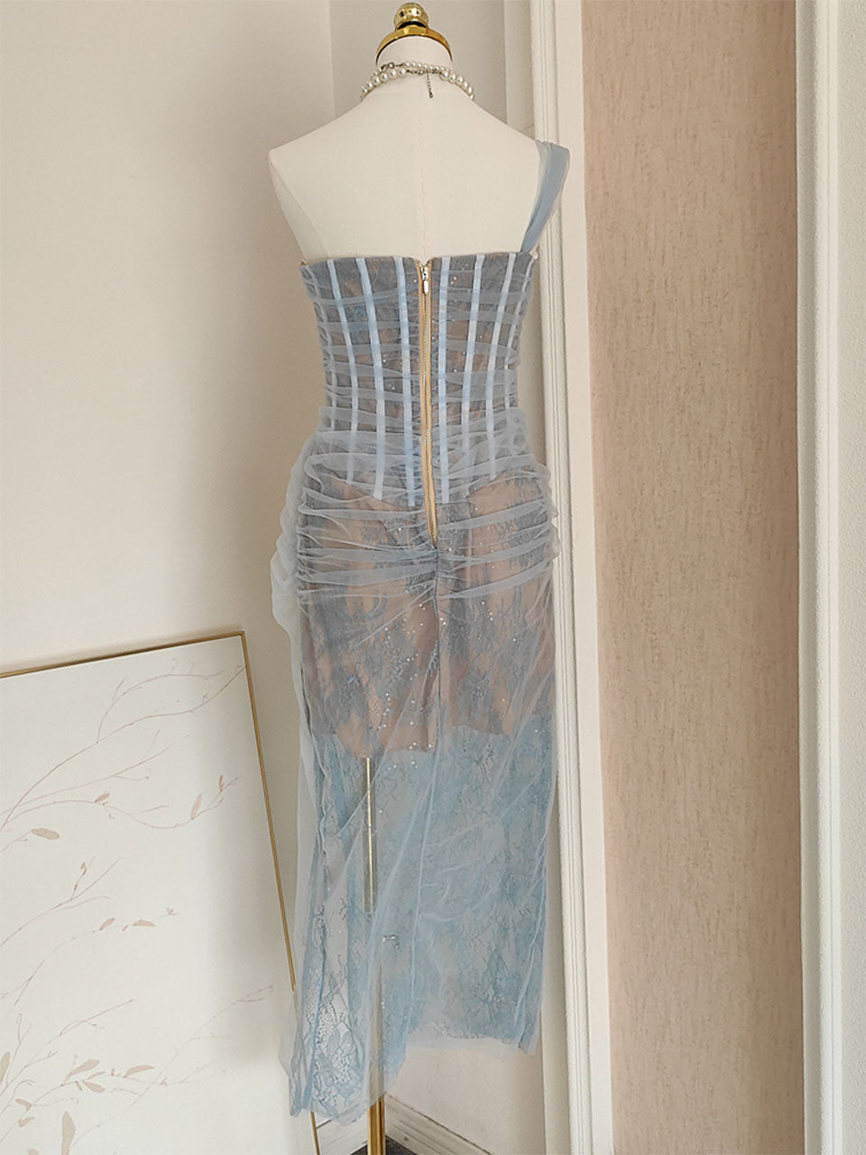 Herringbone Sequined Pleated Slit Lace Dress