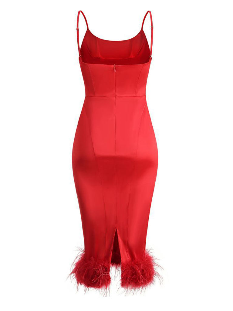 Purple Spaghetti Strap Satin Feather Hem Bodycon Dress Gown Party Dress