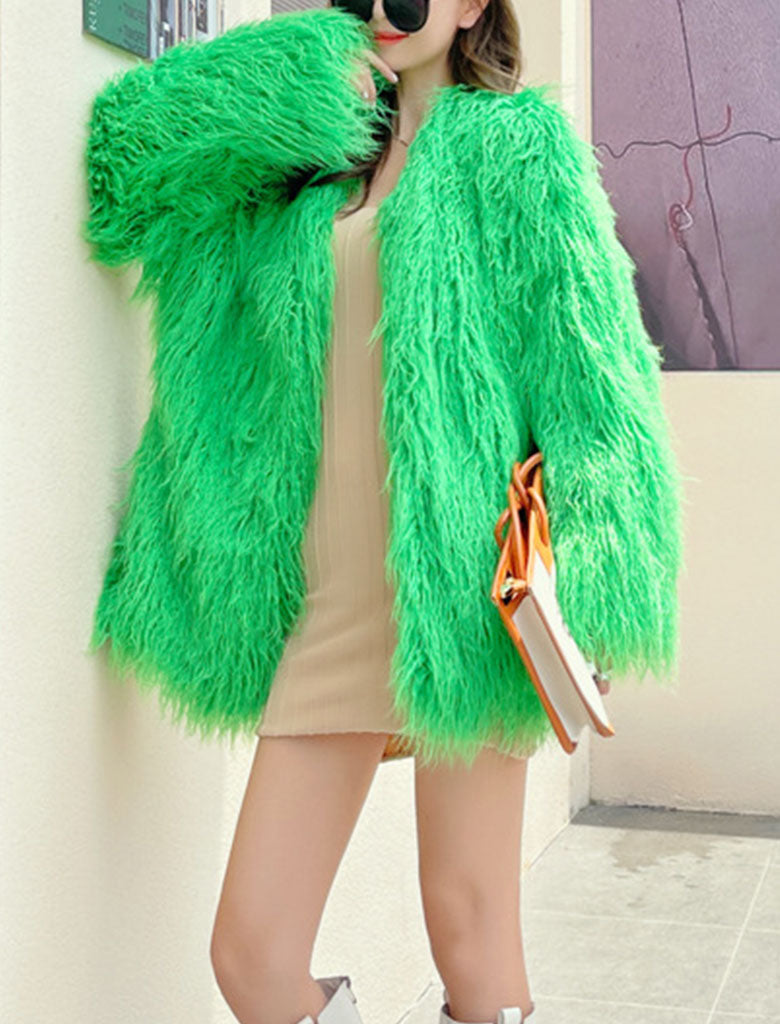 Green Faux Fur Long Sleeve Lambswool Coat Winter Coat