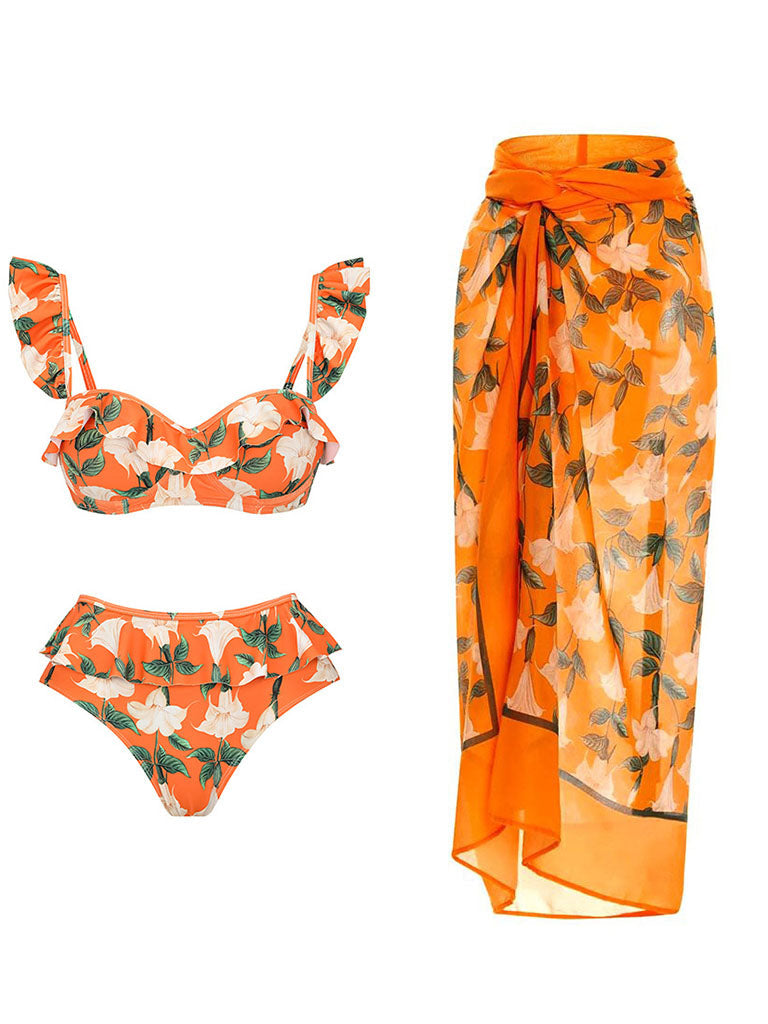 Orange Retro Floral Print Bikini