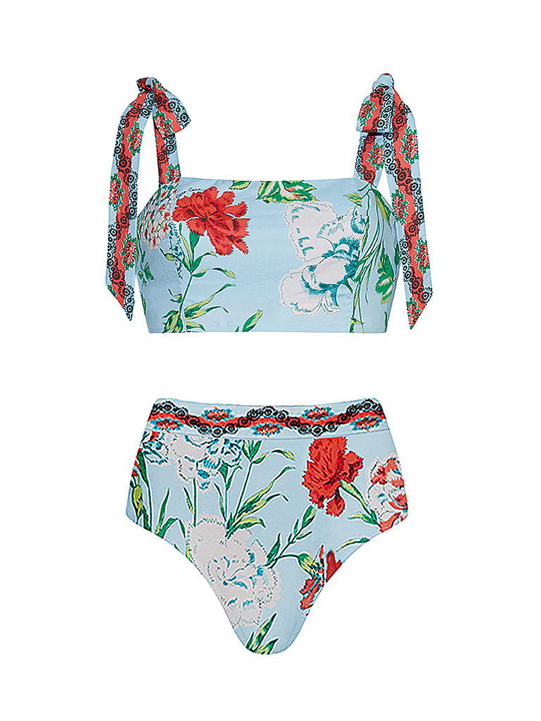 Green Retro Floral Print Strappy Bikini