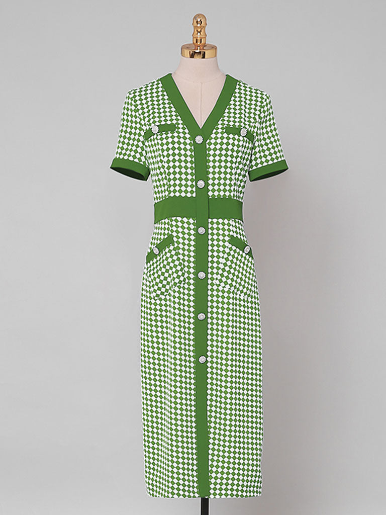 Green V Neck Checkerboard Print Short Sleeve 1940S Vintage Dress