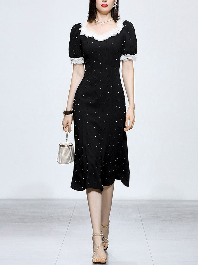 White Lace Square Neck Puff Sleeve Vintage Pearl Hepburn Style Midi Black Dress