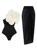 Black One Shoulder Rose Swimsuit