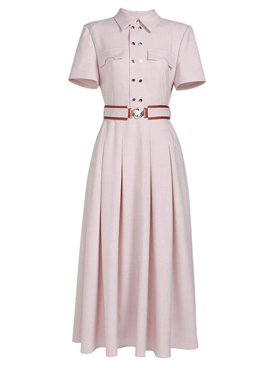 Apricot Pink Double-Breasted Belted Tunic Shirt Dress