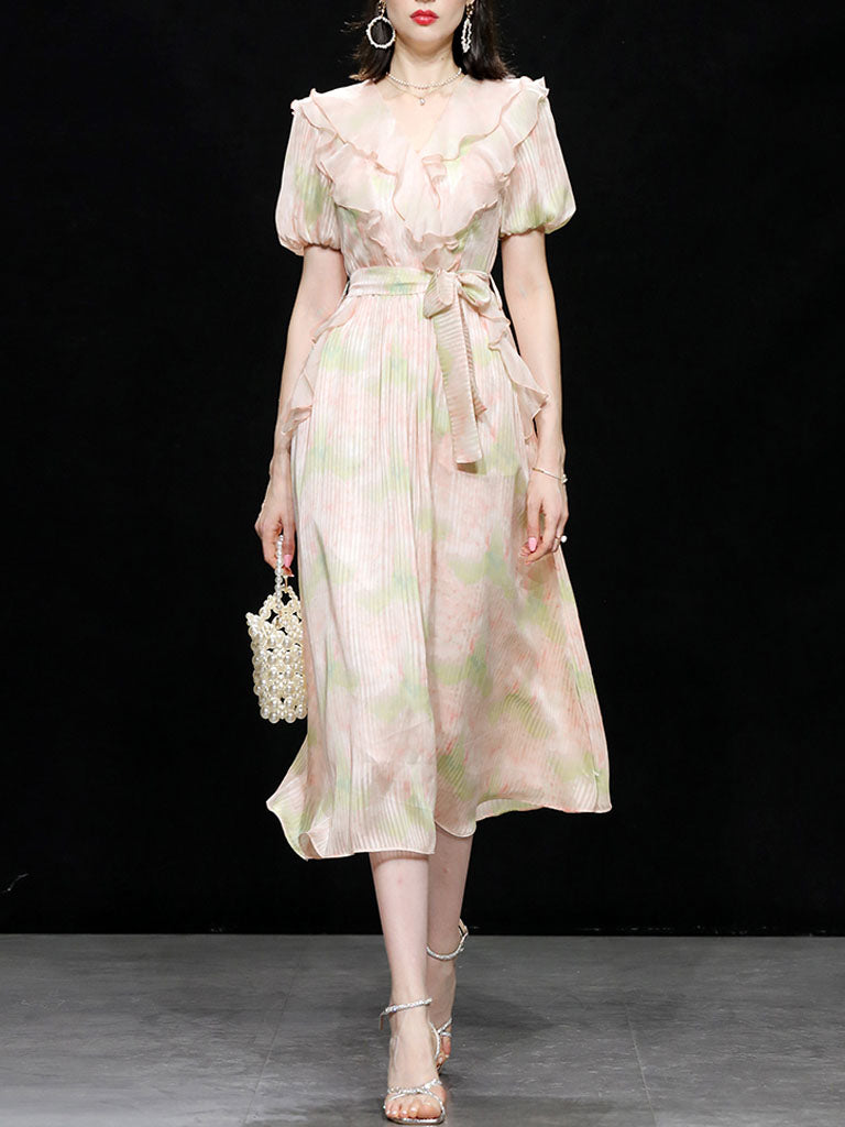 Pink Ruffles Collar Floral Frint Puff Sleeve 1950S Vintage Dress