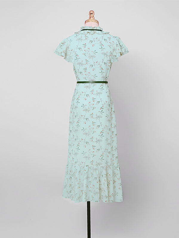 Light Green Butterfly Sleeve Ruffles Floral Vintage Mermaid Dress