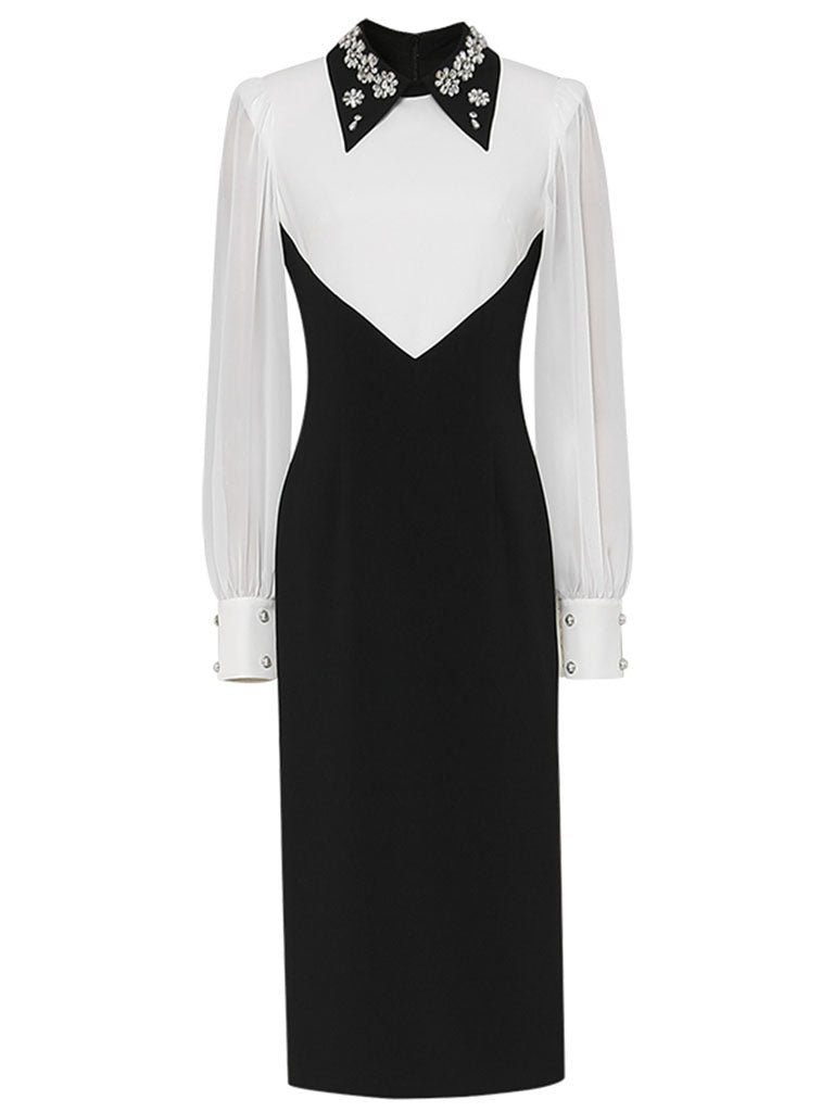 Black And White Embroidered Drill Long Sleeve Vintage 1940S Dress