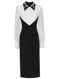 Black And White Embroidered Drill Long Sleeve Vintage 1940S Dress