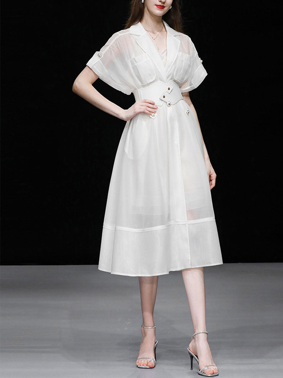 White Lapel Trench 1950S Vintage Organza Dress