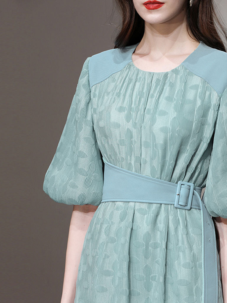 Green Crew Neck Toothpick Pleated Jacquard Fabric Puff Sleeve Vintage Dress