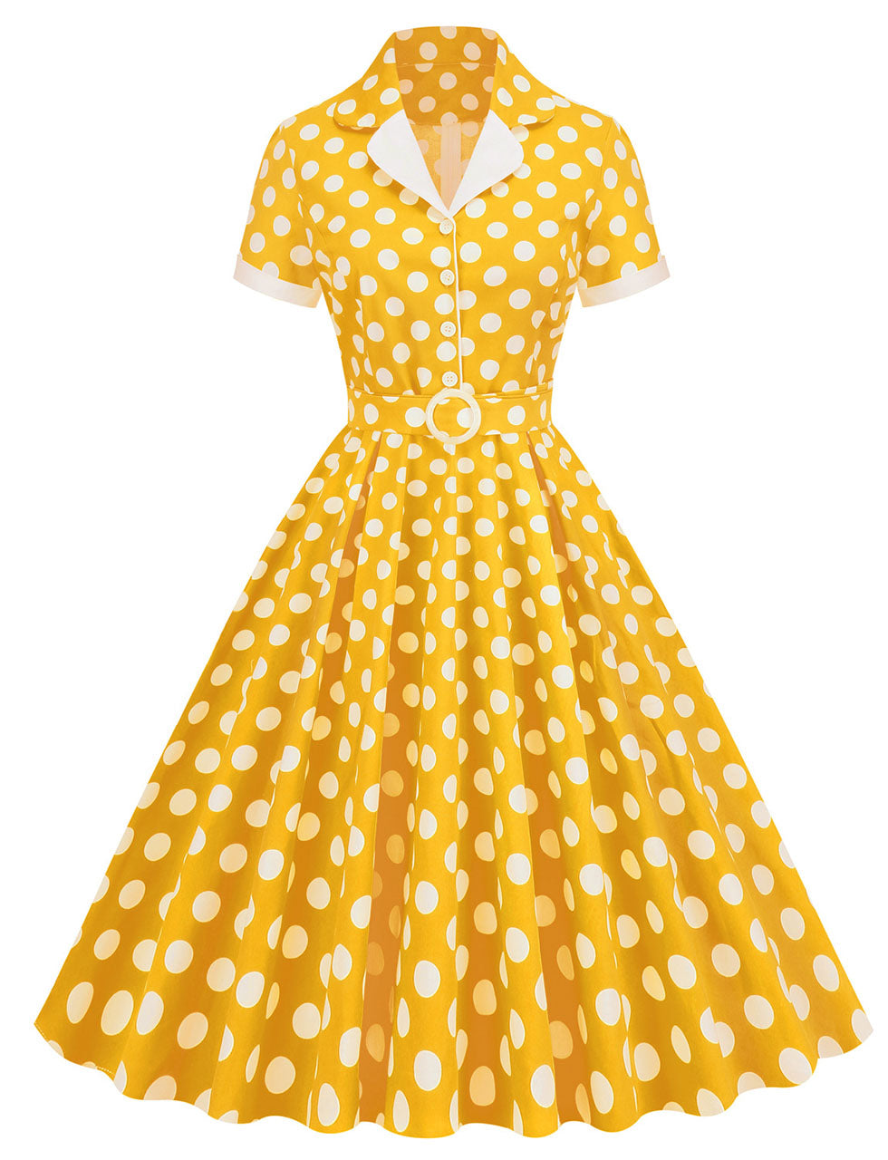 Green Polka Dots Turn Down Collar Short Sleeves 1950S Vinatge Shirt Dress