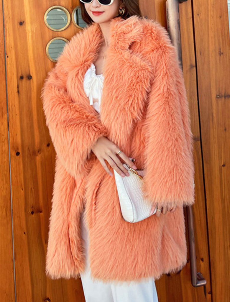 Orange Faux Fur Long Sleeve Lambswool Coat Winter Coat