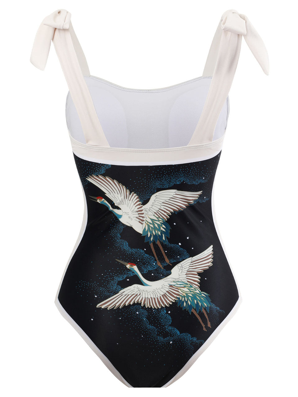 Black Crane Print Flower Strap One Piece