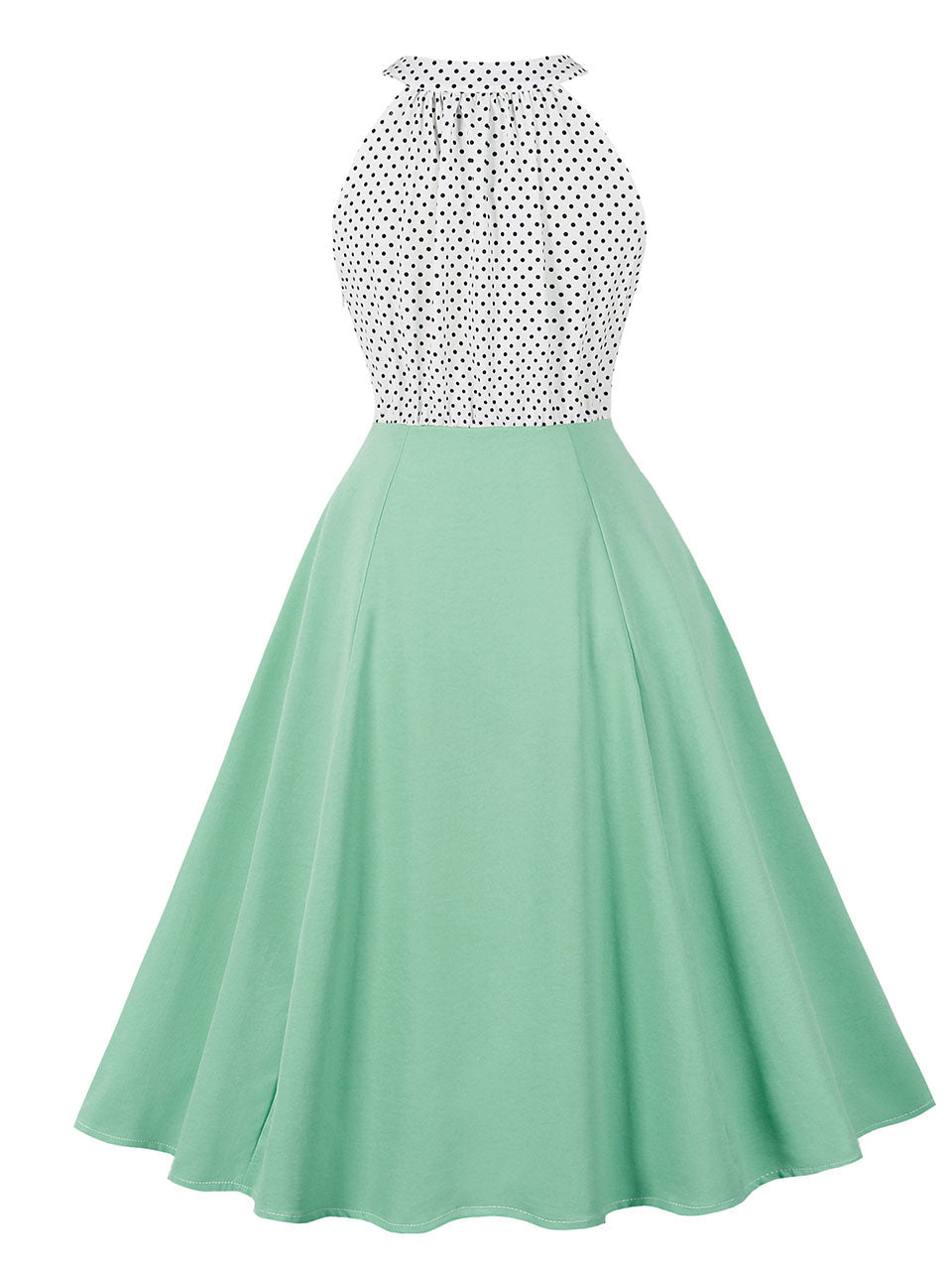 Blue Sweat Heart Halter Sleeveless Polka Dots 1950s Vintage Swing Dress