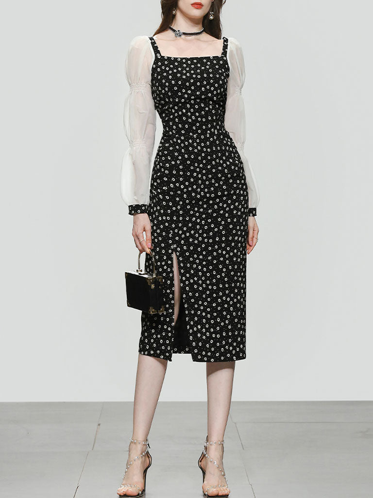 Black Daisy Print Split Straight Dress