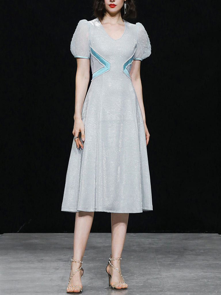 Baby Blue Sweet Heart Collar Puff Sleeve Pearl 50S Vintage Swing Dress
