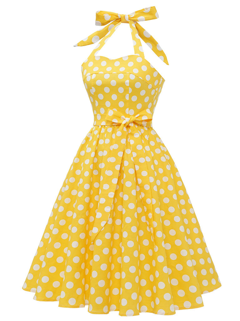 Yellow Polka Dots Halter 1950S Vinatge Dress