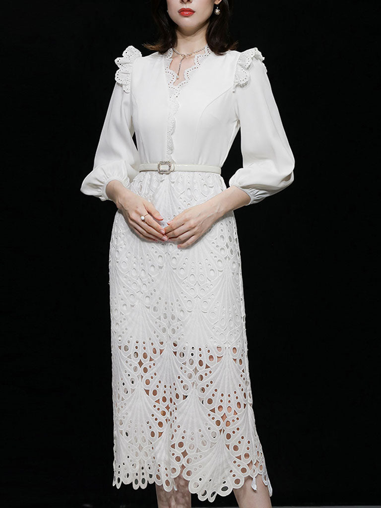Green V Neck  3/4 Sleeve Lace 1960S Dress