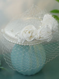White Retro Handmade Flowers Satin Birdcage Veil Wedding Hat