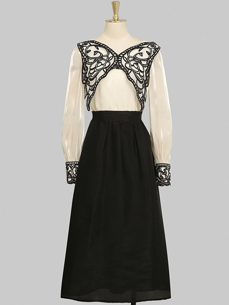 2PS White Butterfly Long Sleeve Top And Black Swing Skirt Suit