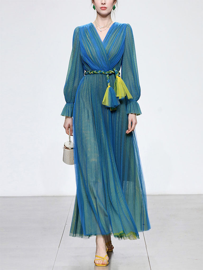 Blue V Neck Lantern Sleeve Pleated Fairy Dress