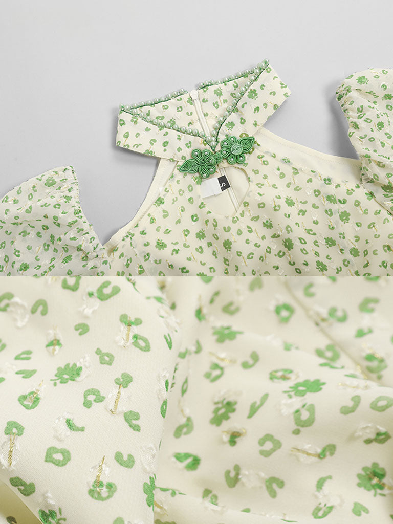 Hollow Fresh Floral Vintage Style Slit Cheongsam Dress