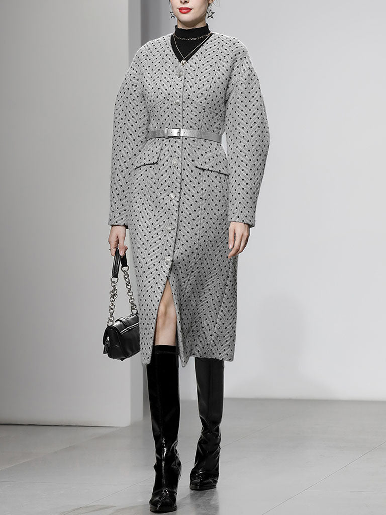 Light Grey V Neck Polka Dot Woolen Coat
