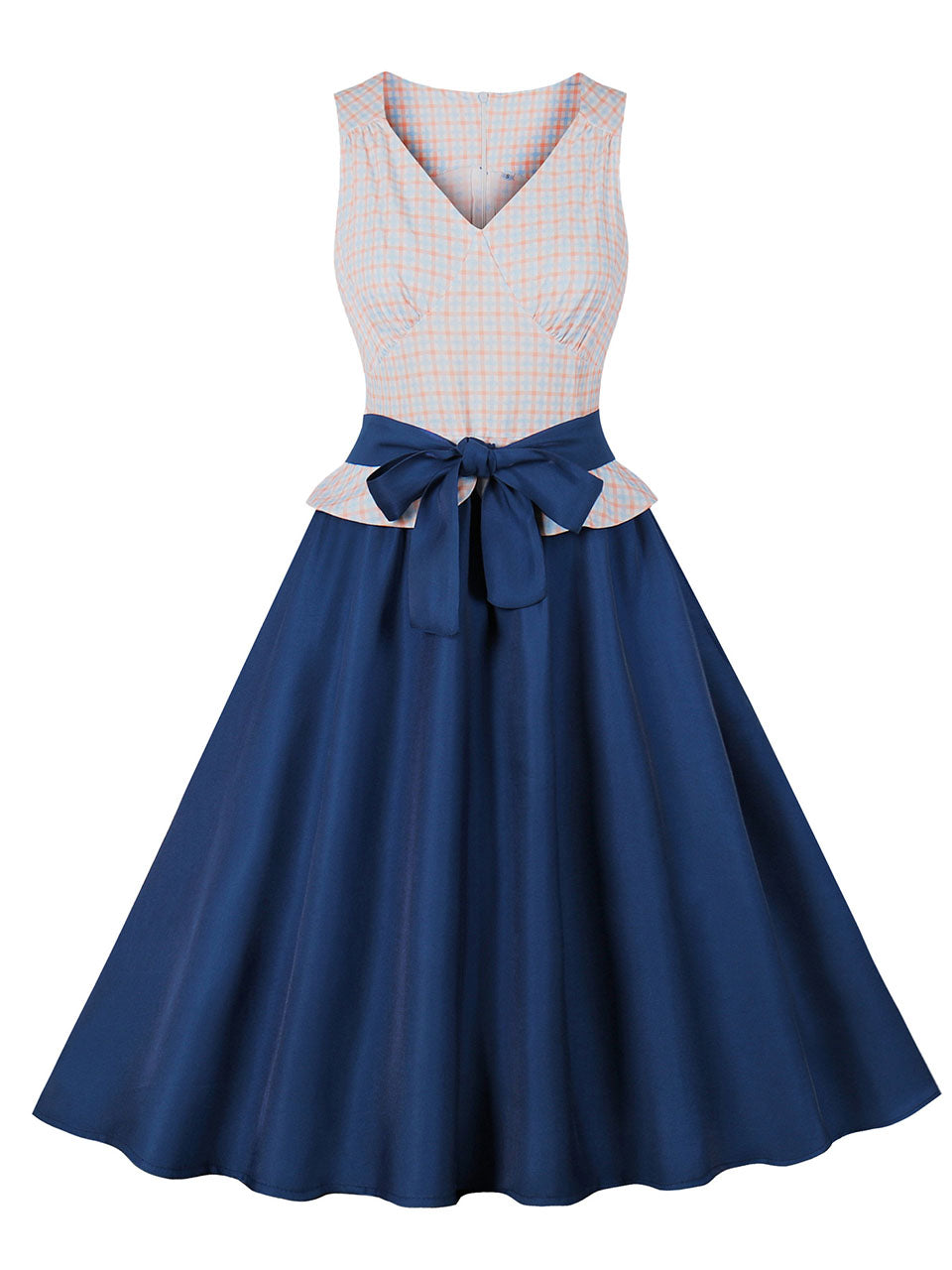 Blue Plaid V Neck 1950s Swing Dress