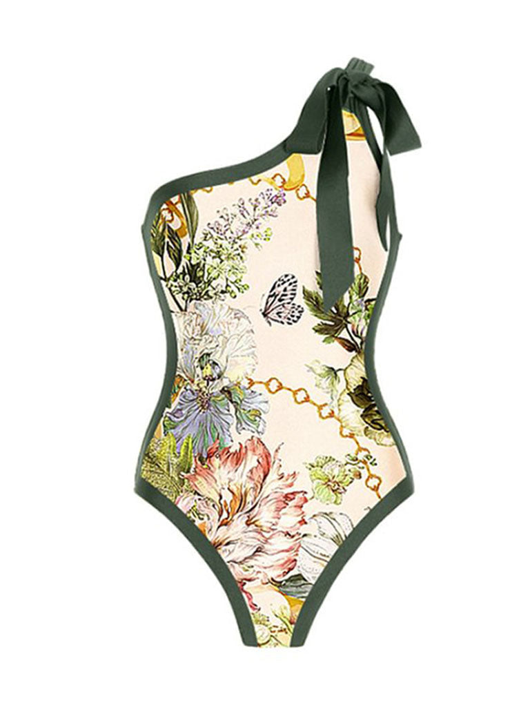 Green Retro Butterfly Print One Piece