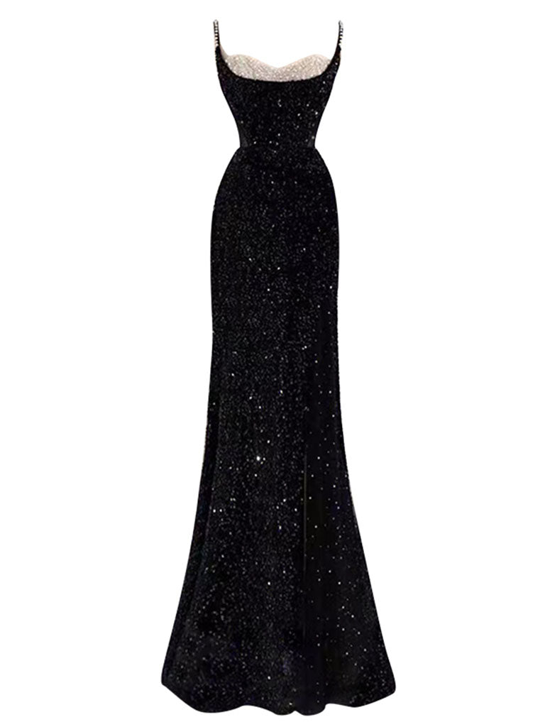 Black Spaghetti Strap Sequined Mesh Slit  Gown Party Dress