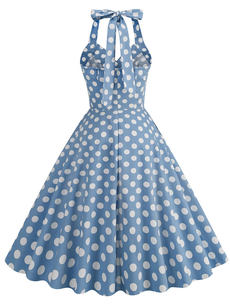 Green And White Polka Dots Pockets Vintage Halter 1950S Dress